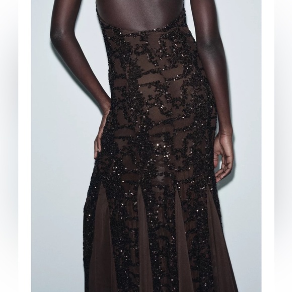 NWT Zara Elegant Brown Sequin Halter Dress - Picture 4 of 10
